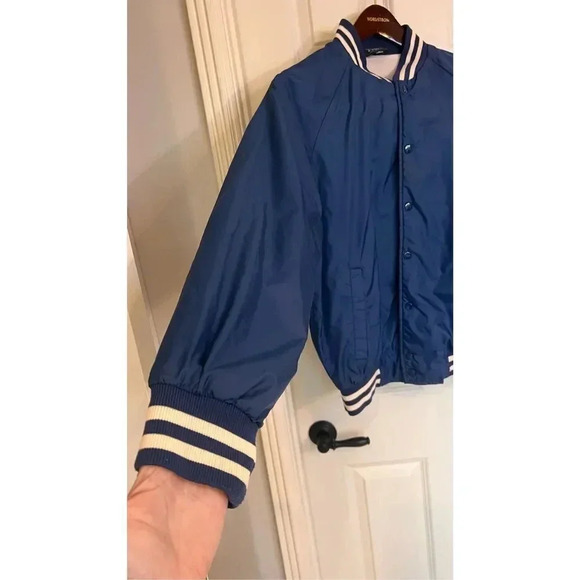 Vintage Trax Men’s Medium Blue White Button Down Varsity Bomber Jacket Quilted - Picture 2 of 11